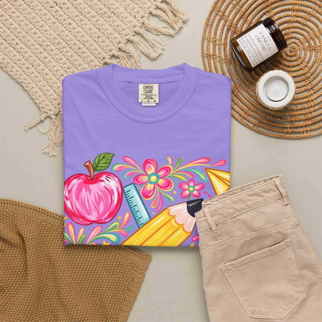 School Supplies Pencil Apple Floral T-shirt | Teacher Student Back to School