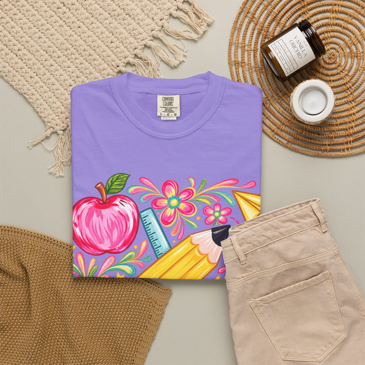 School Supplies Pencil Apple Floral T-shirt | Teacher Student Back to School