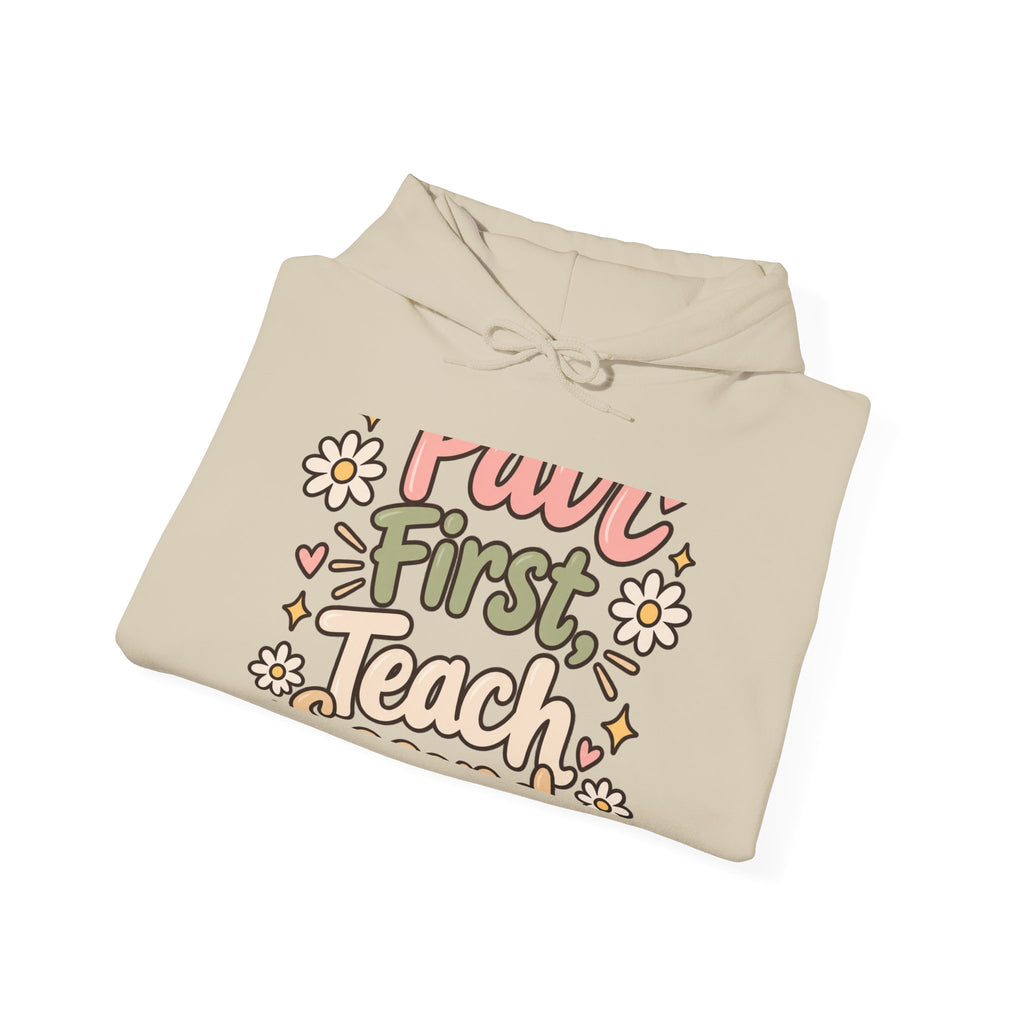 Teacher Hoodie — "But First Teach" Floral Retro Pullover