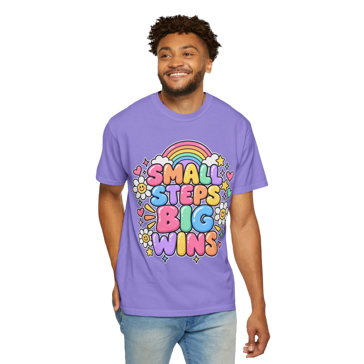 Small Steps Big Wins T-shirt | Retro Rainbow Positive Graphic