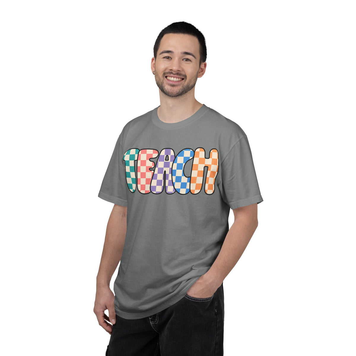 Teach Bubble Letters Checkerboard T-Shirt | Colorful Retro School Tee
