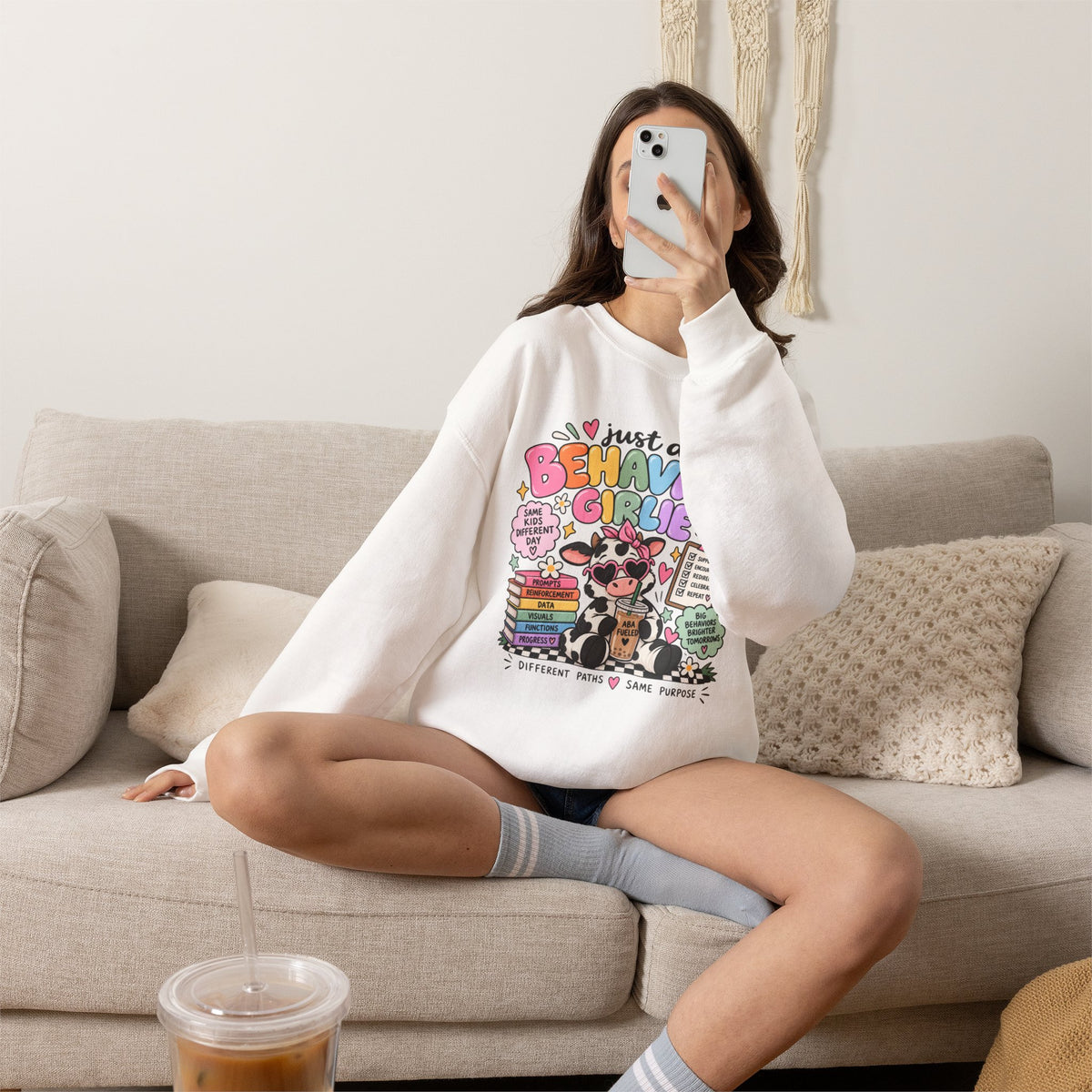 Just a Behavior Girl Crewneck Sweatshirt | Cute Cow Character, Books & Therapy Icons