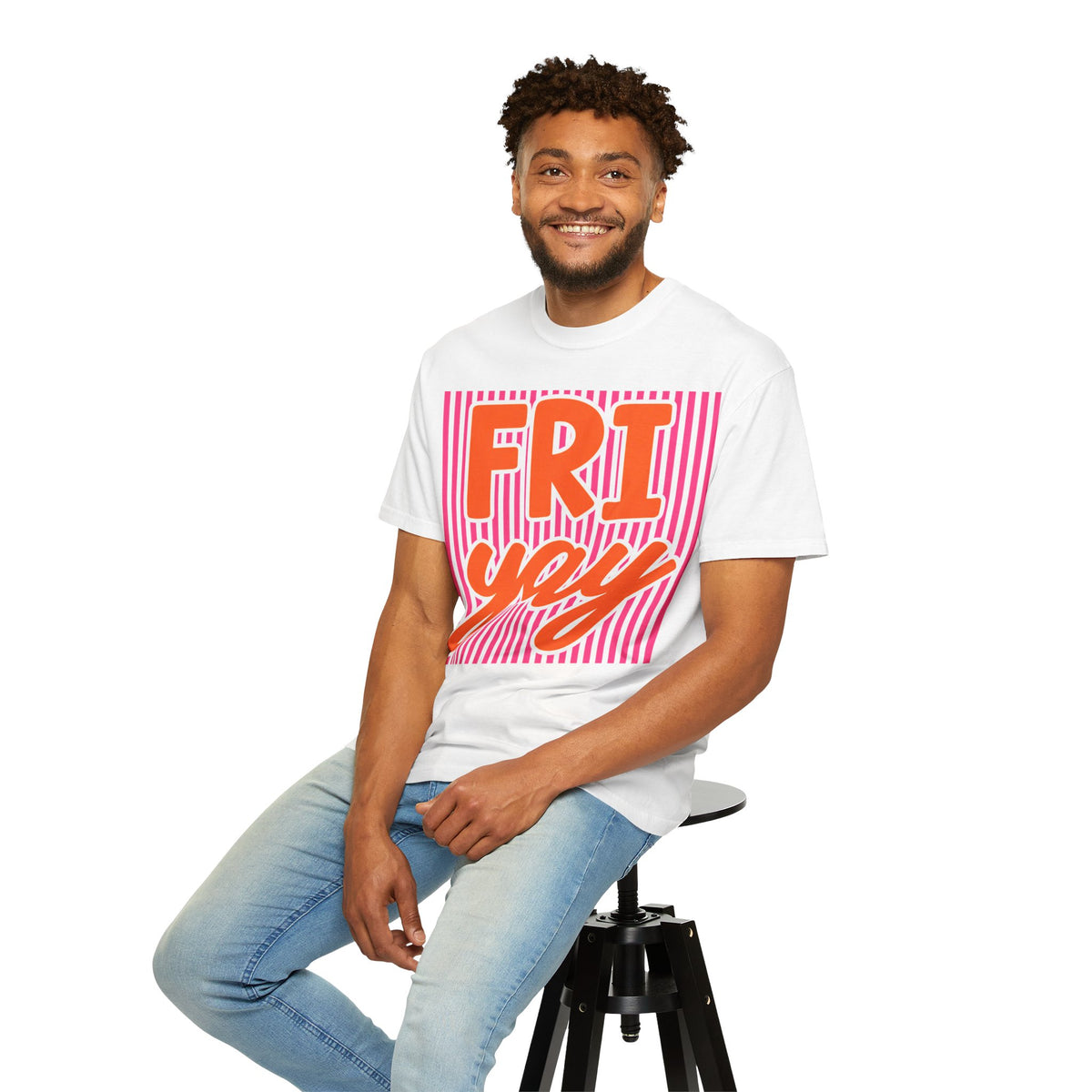 FRI yay T-shirt | Bright Retro Text, Pink Stripes