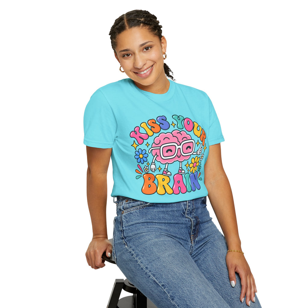 Kiss Your Brain BRI TEE | T-Shirt, Retro Cartoon Brain with Flowers