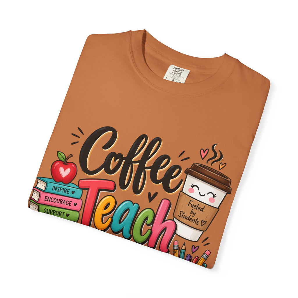 Coffee Teach Repeat T-shirt | Teacher Coffee Book Stack Pencil Mug Design
