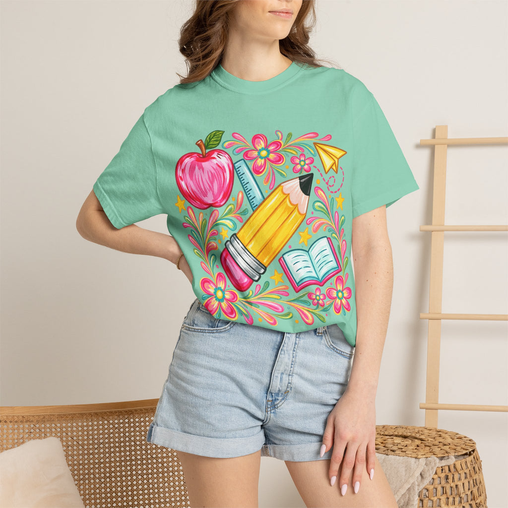 School Supplies Pencil Apple Floral T-shirt | Teacher Student Back to School