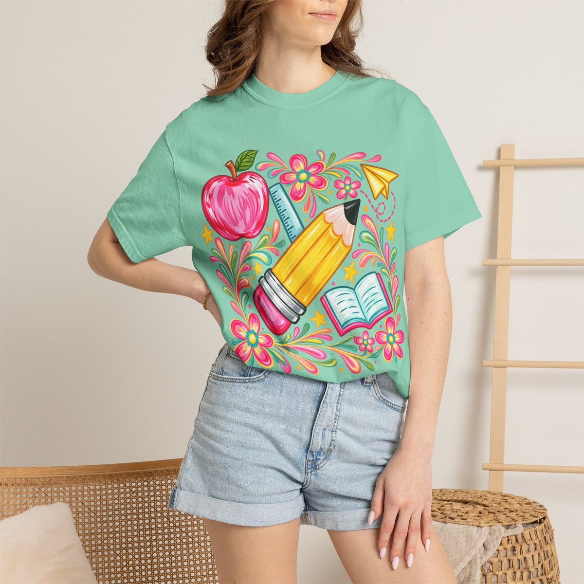 School Supplies Pencil Apple Floral T-shirt | Teacher Student Back to School