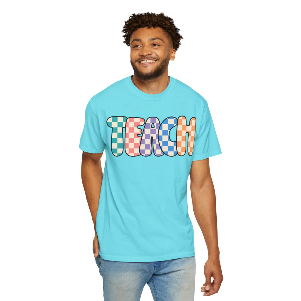 Teach Bubble Letters Checkerboard T-Shirt | Colorful Retro School Tee