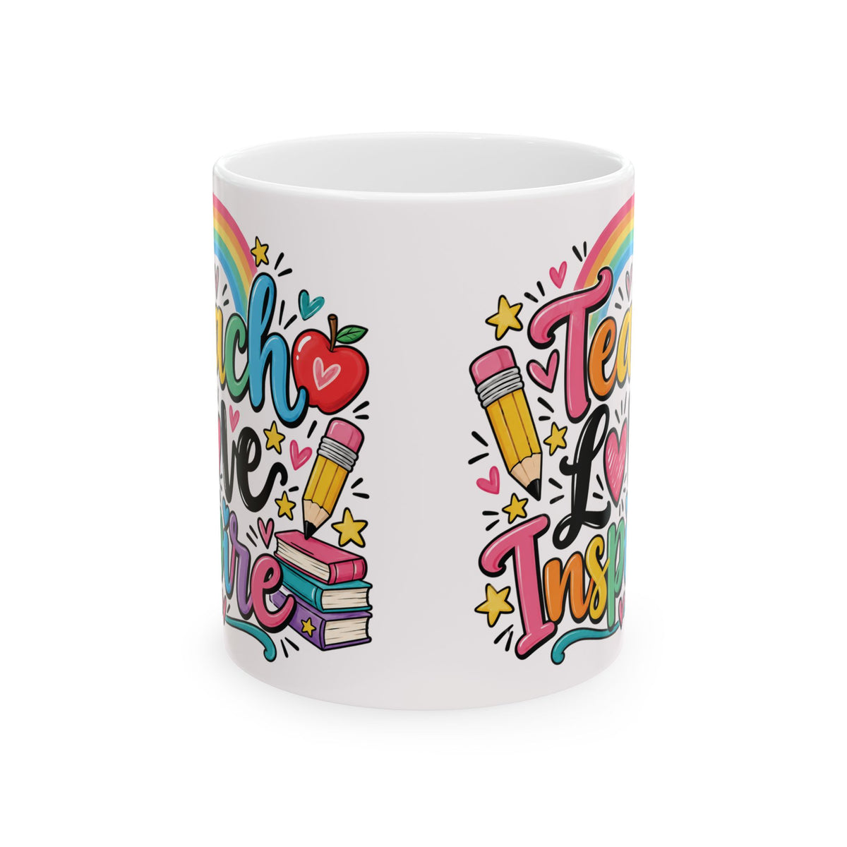 Teacher Love Inspire Mug | Cute Rainbow Pencil Apple Books Design