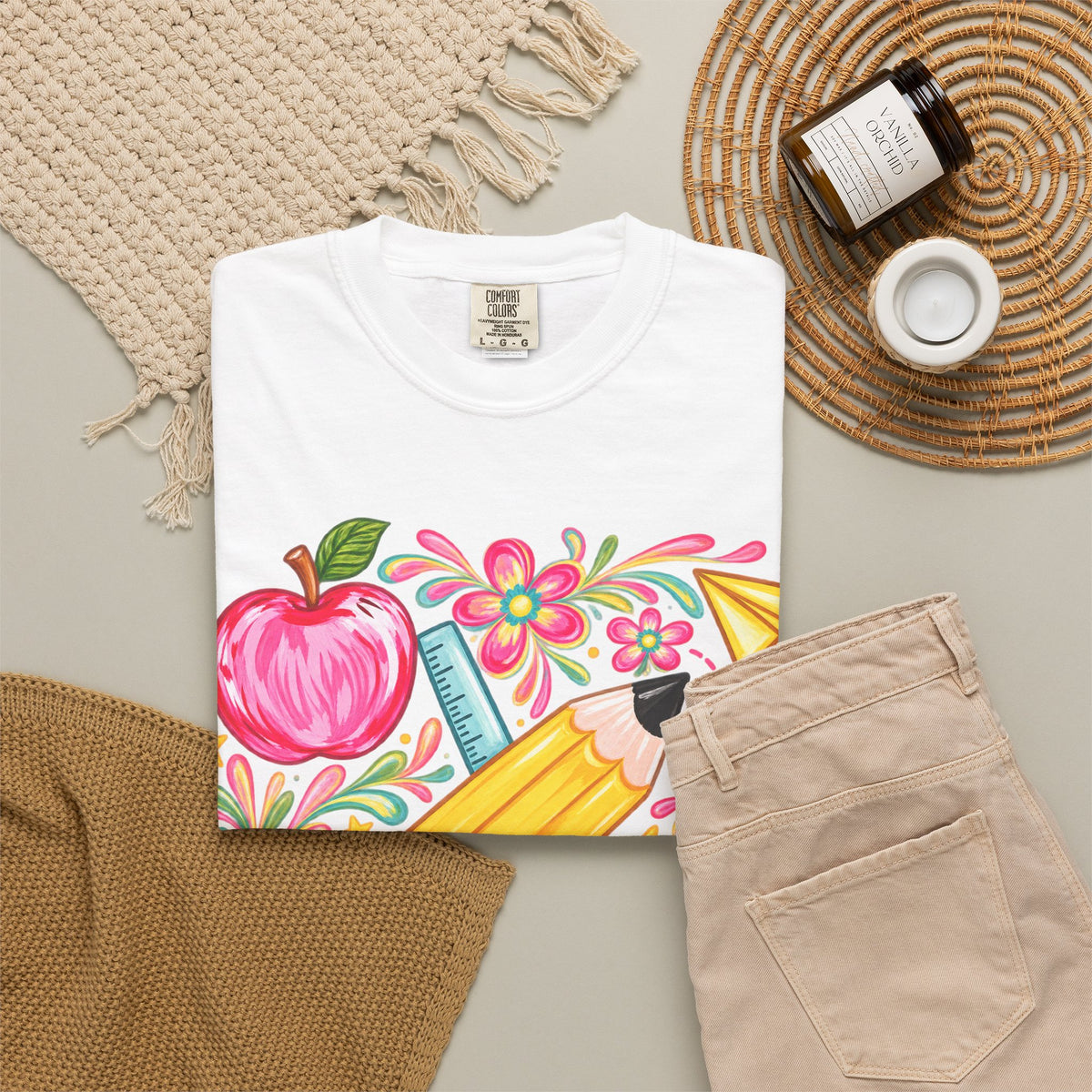 School Supplies Pencil Apple Floral T-shirt | Teacher Student Back to School