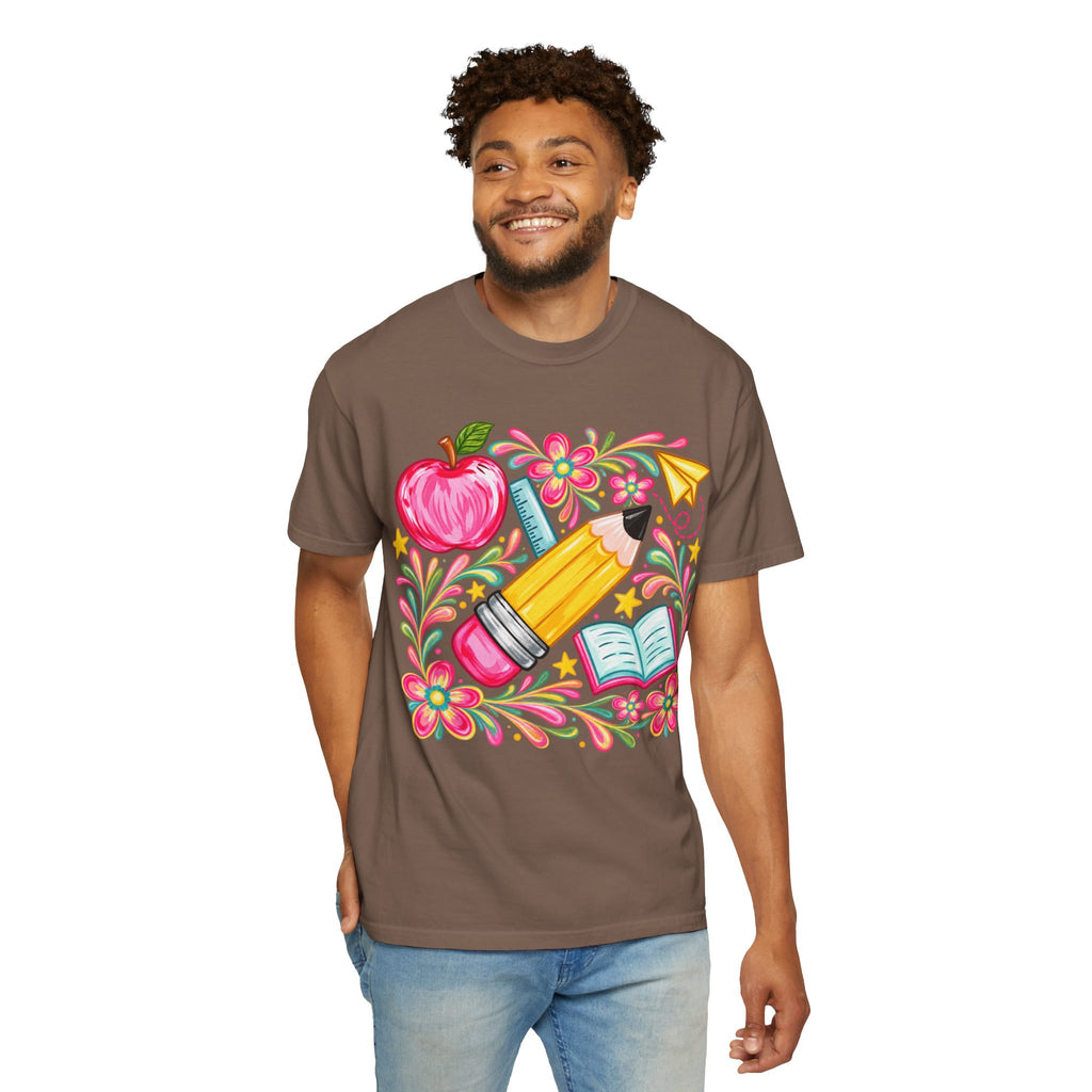 School Supplies Pencil Apple Floral T-shirt | Teacher Student Back to School