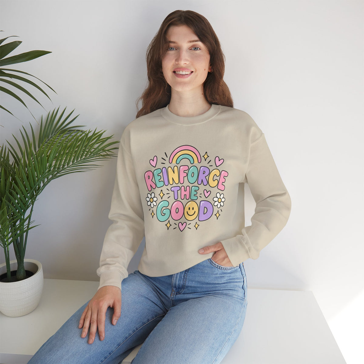 Reinforce the Good Crewneck | Rainbow Heart Daisy Positive Message Sweatshirt
