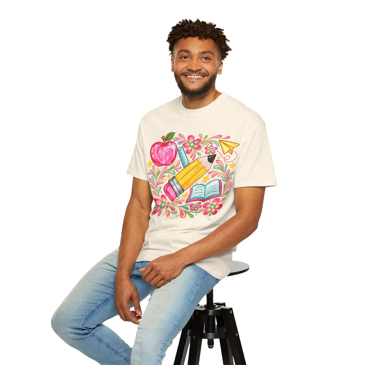 School Supplies Pencil Apple Floral T-shirt | Teacher Student Back to School