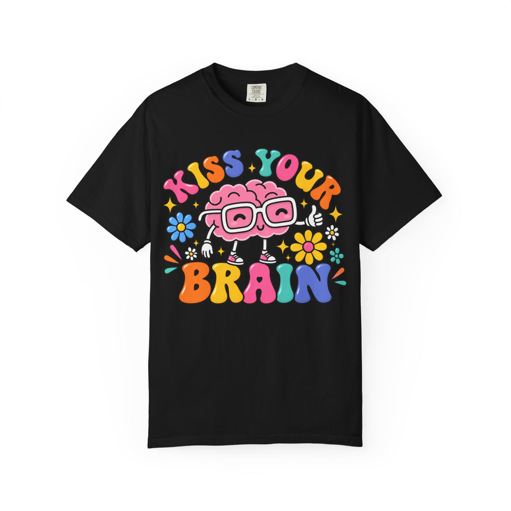 Kiss Your Brain BRI TEE | T-Shirt, Retro Cartoon Brain with Flowers