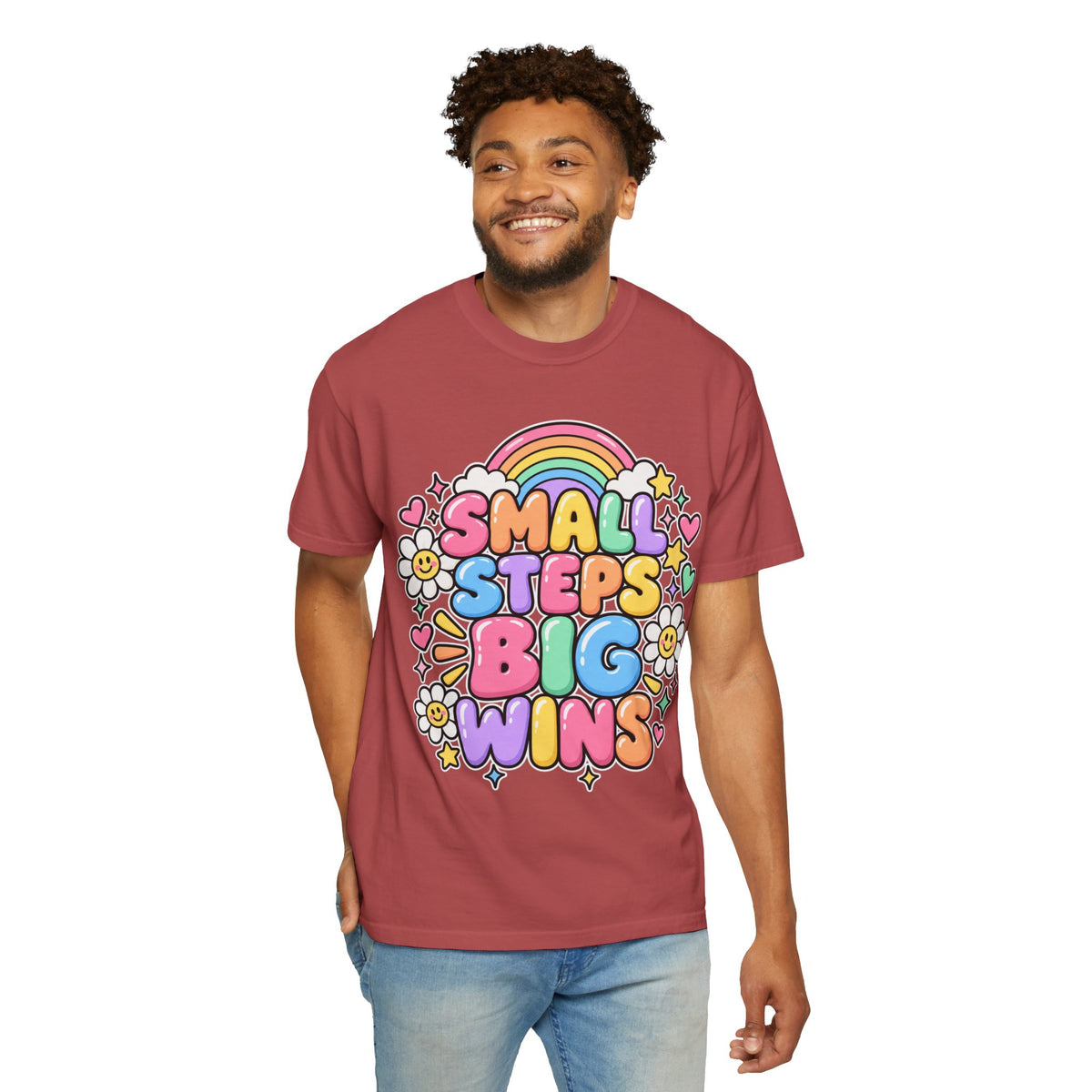Small Steps Big Wins T-shirt | Retro Rainbow Positive Graphic