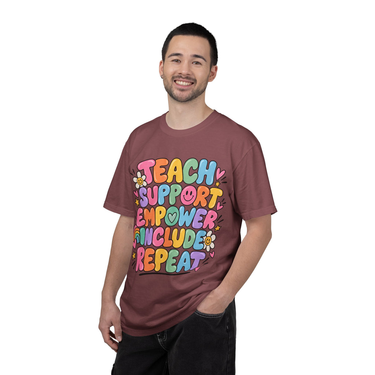 Teach Support Empower Include Repeat T-shirt | Rainbow Positivity Tee
