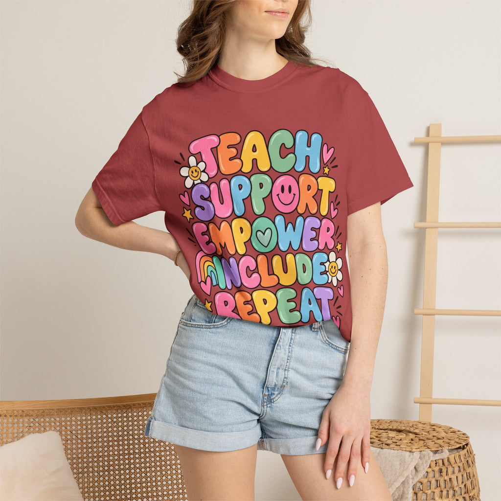Teach Support Empower Include Repeat T-shirt | Rainbow Positivity Tee