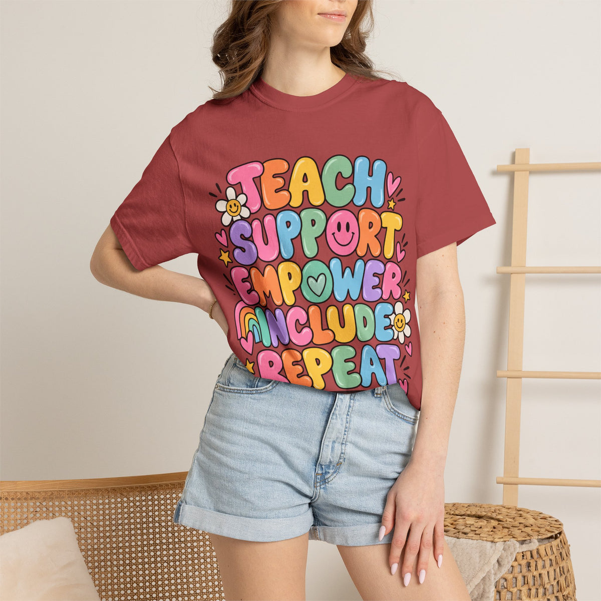 Teach Support Empower Include Repeat T-shirt | Rainbow Positivity Tee
