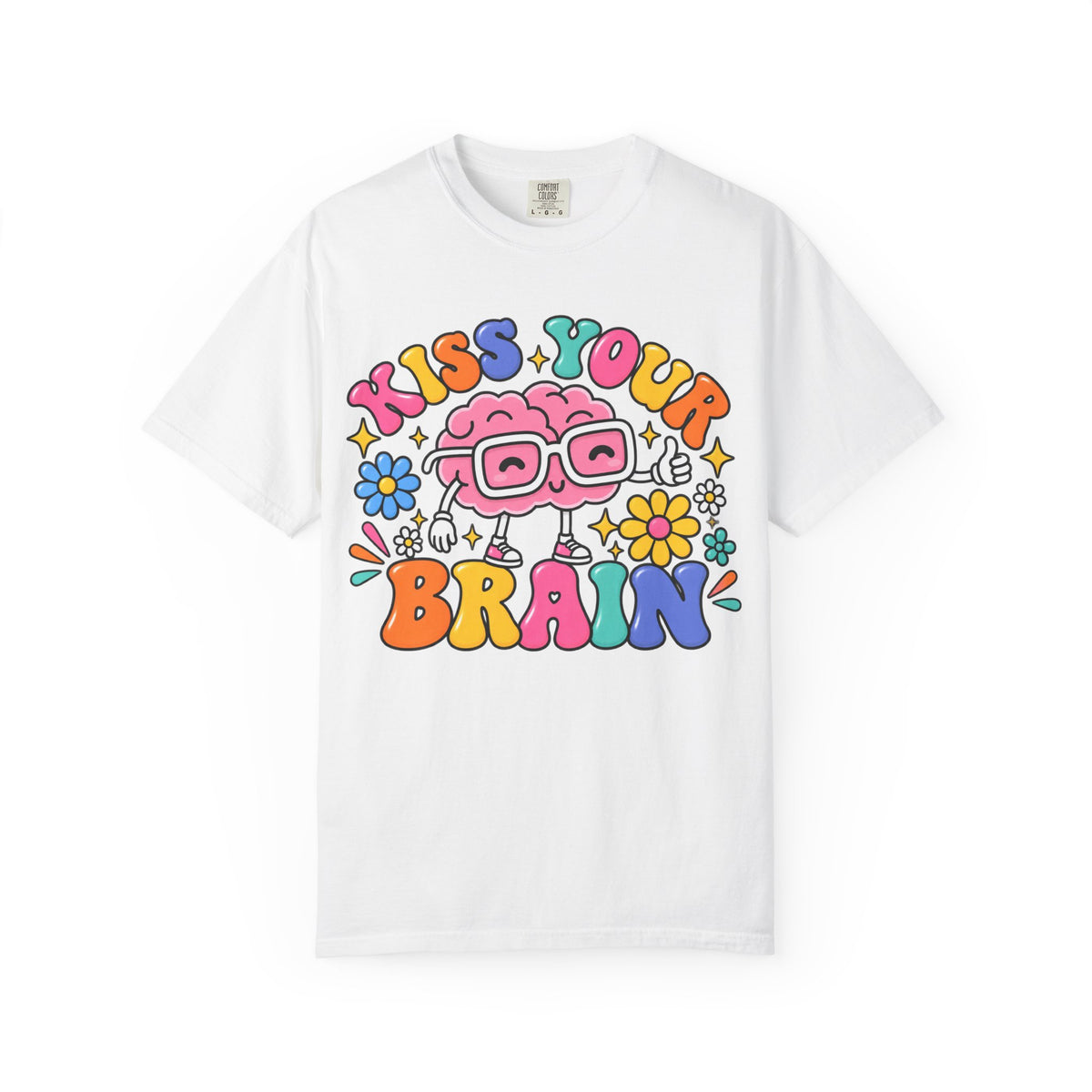 Kiss Your Brain BRI TEE | T-Shirt, Retro Cartoon Brain with Flowers