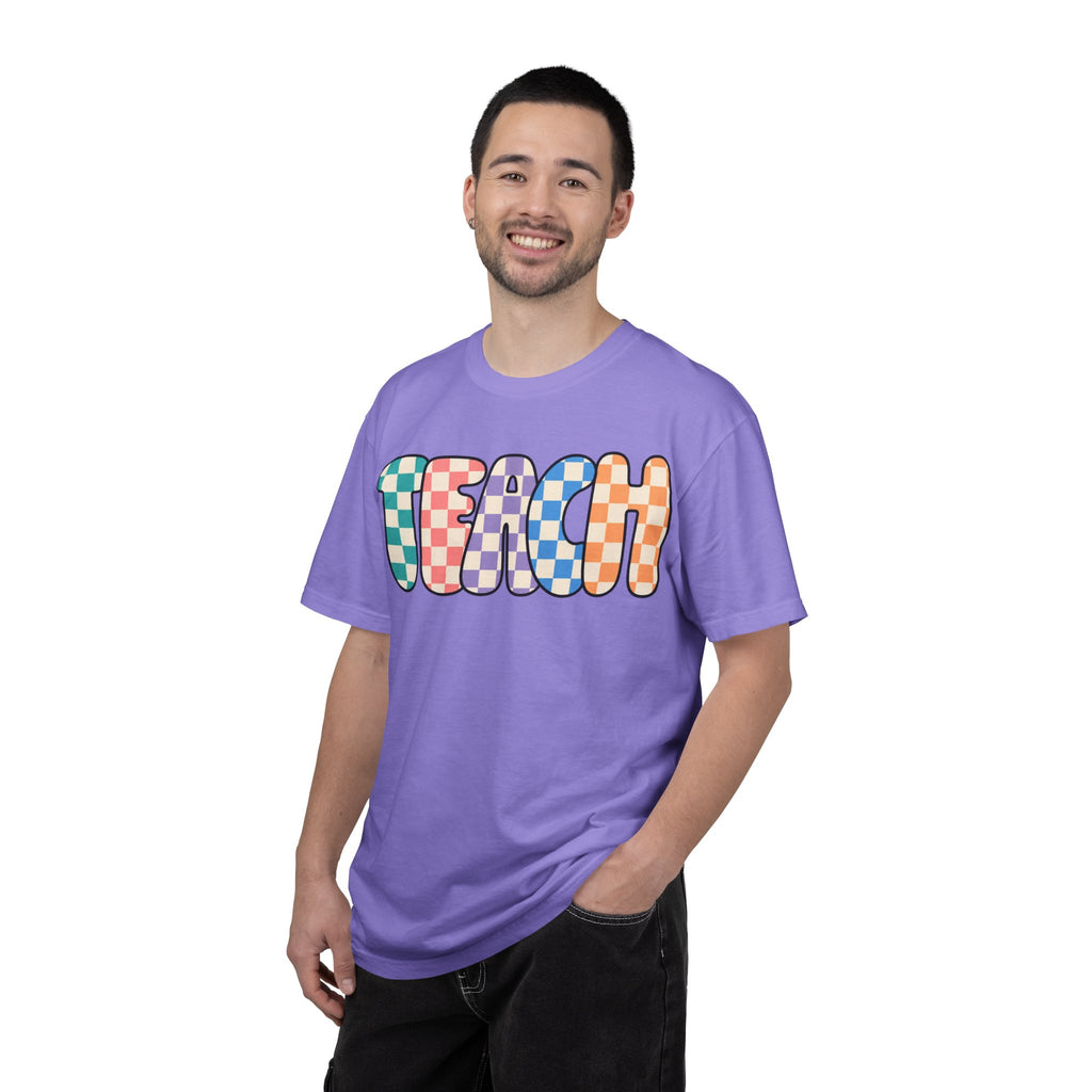 Teach Bubble Letters Checkerboard T-Shirt | Colorful Retro School Tee
