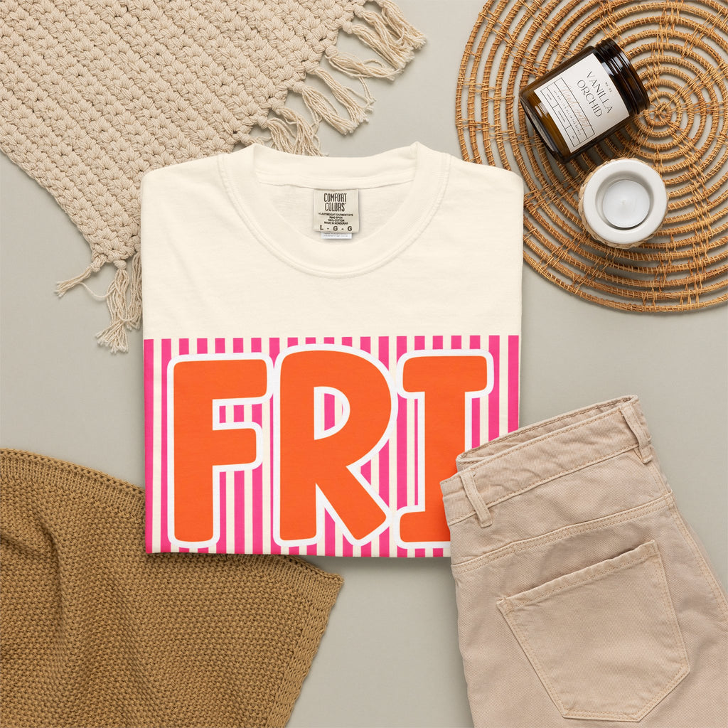 FRI yay T-shirt | Bright Retro Text, Pink Stripes
