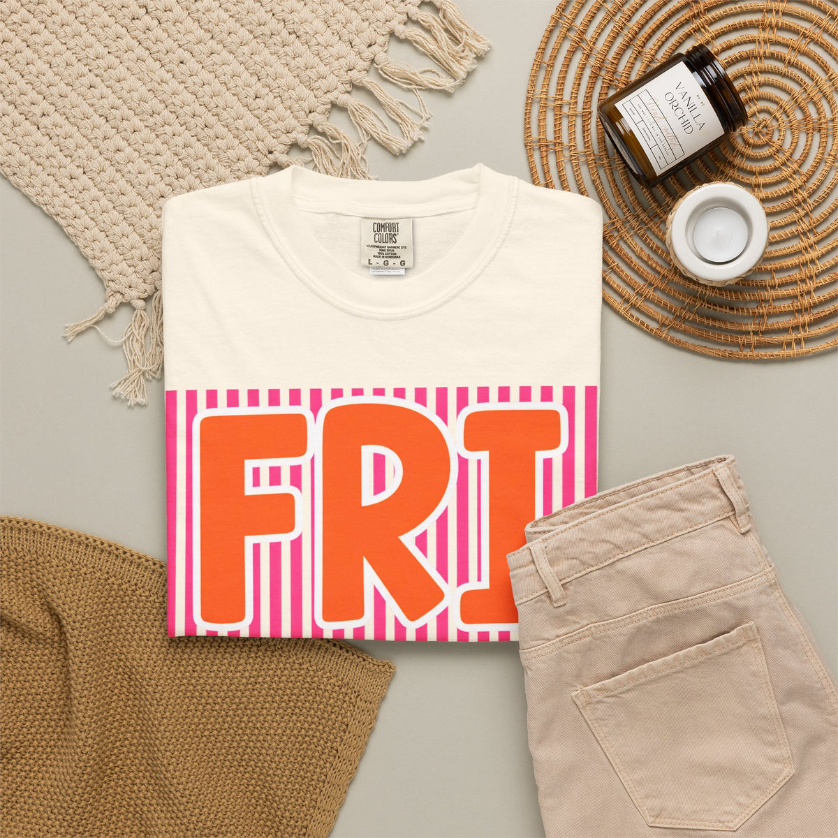 FRI yay T-shirt | Bright Retro Text, Pink Stripes