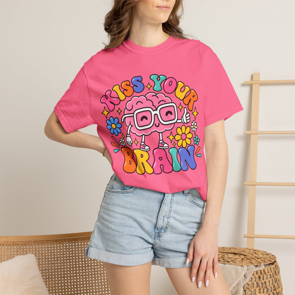 Kiss Your Brain BRI TEE | T-Shirt, Retro Cartoon Brain with Flowers