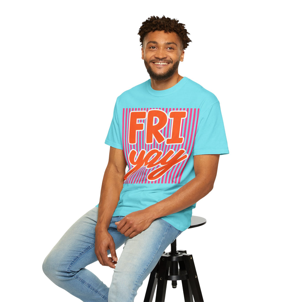 FRI yay T-shirt | Bright Retro Text, Pink Stripes