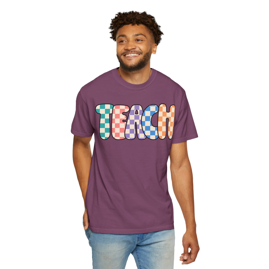 Teach Bubble Letters Checkerboard T-Shirt | Colorful Retro School Tee