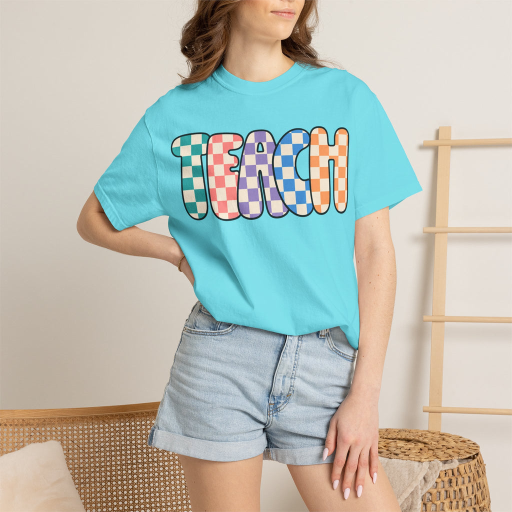 Teach Bubble Letters Checkerboard T-Shirt | Colorful Retro School Tee