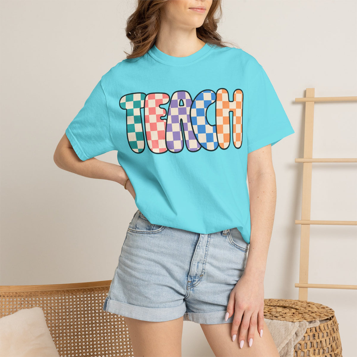 Teach Bubble Letters Checkerboard T-Shirt | Colorful Retro School Tee