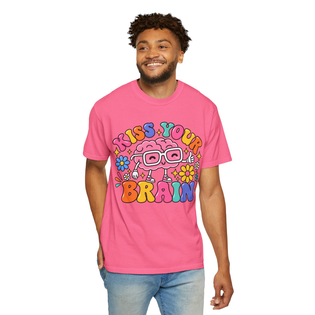 Kiss Your Brain BRI TEE | T-Shirt, Retro Cartoon Brain with Flowers