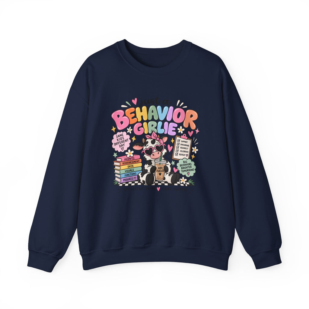 Just a Behavior Girl Crewneck Sweatshirt | Cute Cow Character, Books & Therapy Icons