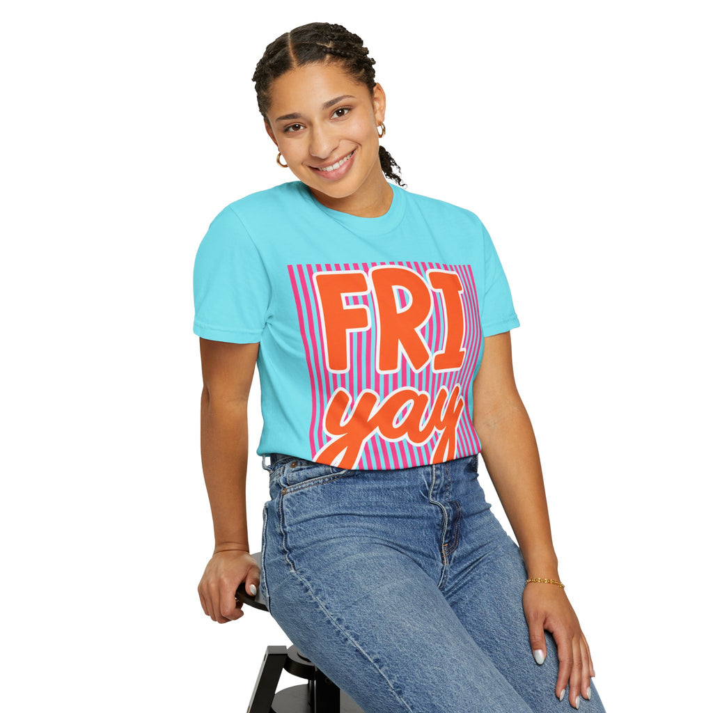 FRI yay T-shirt | Bright Retro Text, Pink Stripes