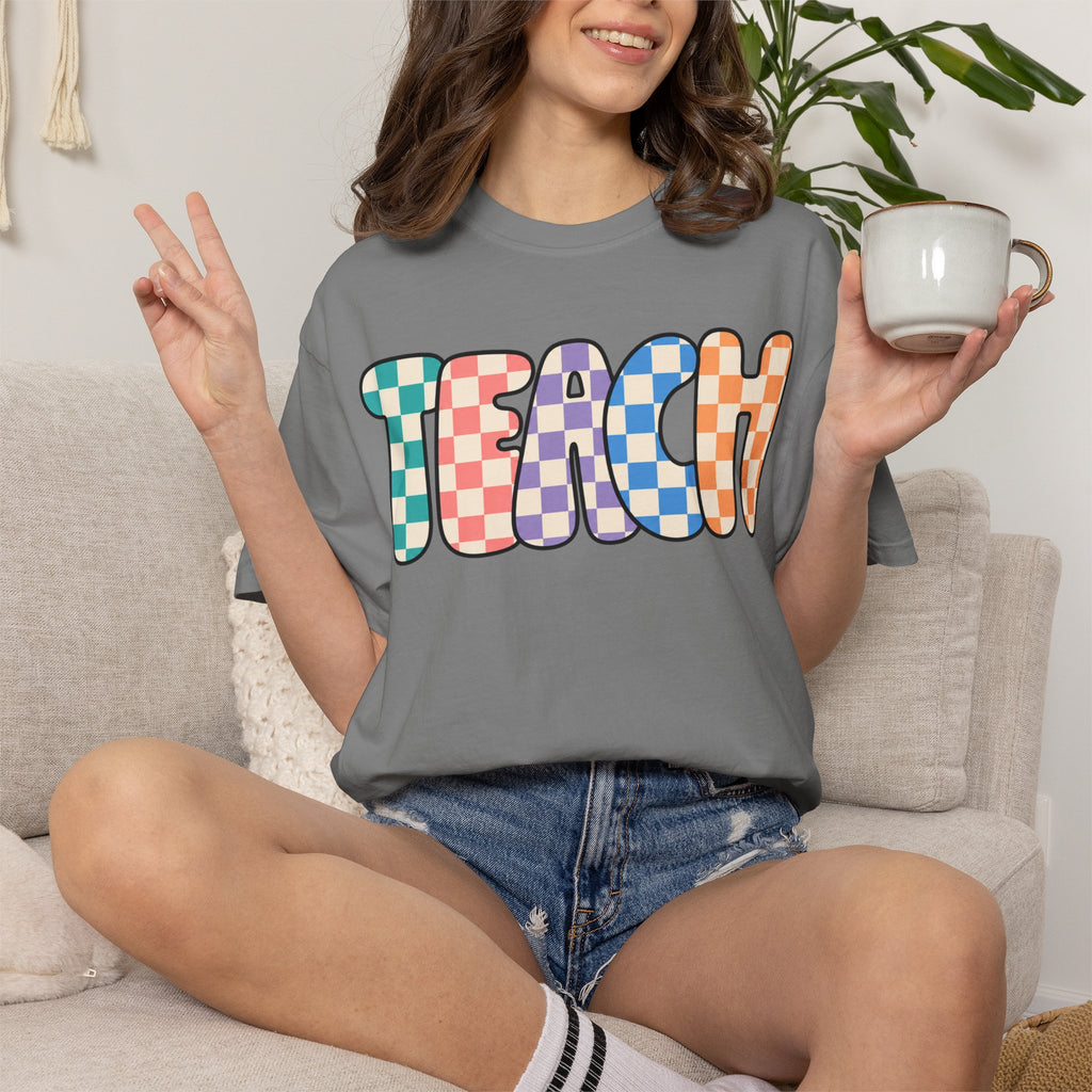 Teach Bubble Letters Checkerboard T-Shirt | Colorful Retro School Tee