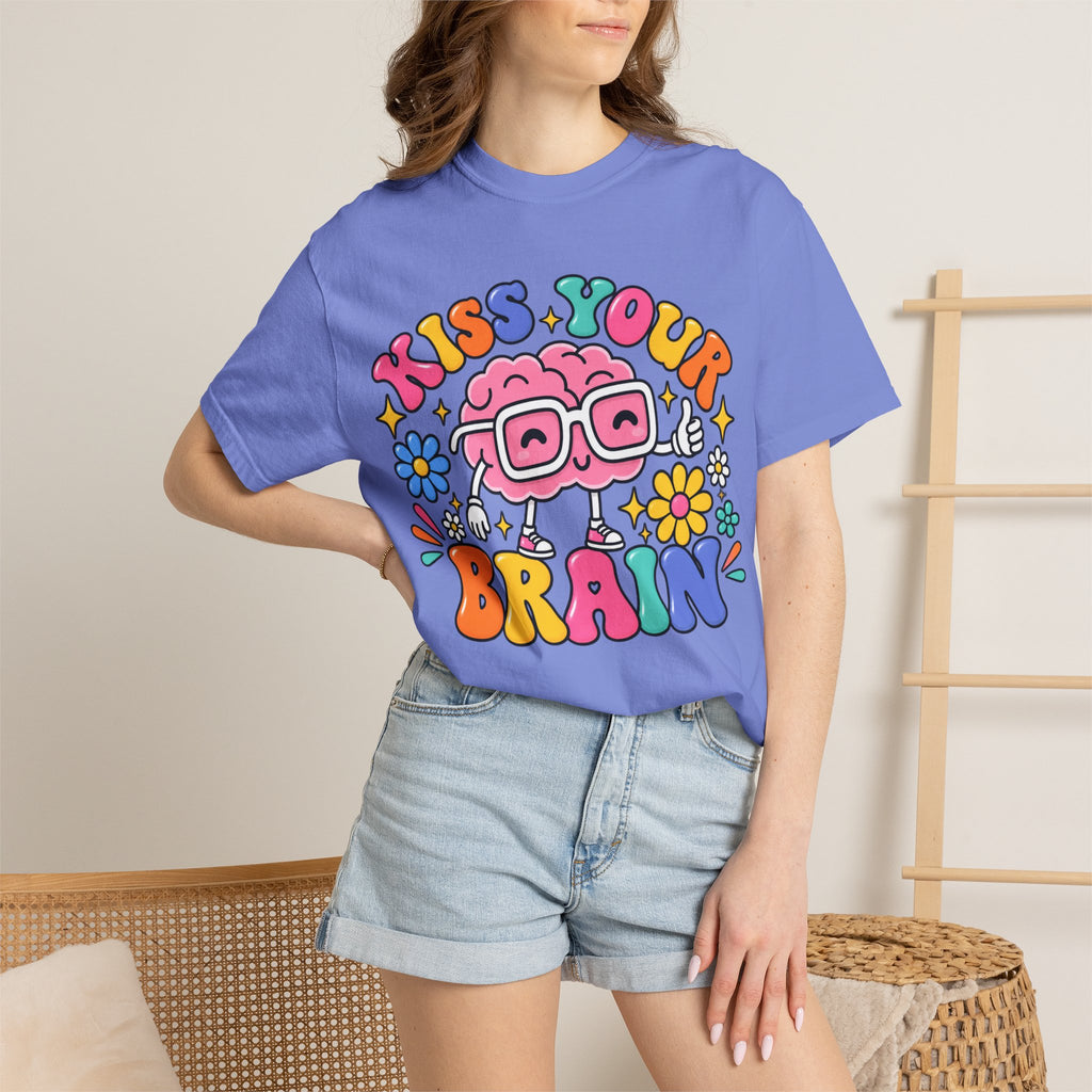 Kiss Your Brain BRI TEE | T-Shirt, Retro Cartoon Brain with Flowers