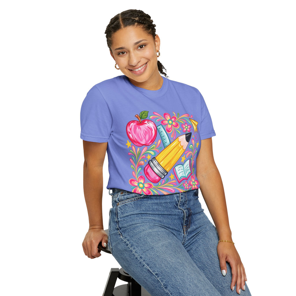 School Supplies Pencil Apple Floral T-shirt | Teacher Student Back to School