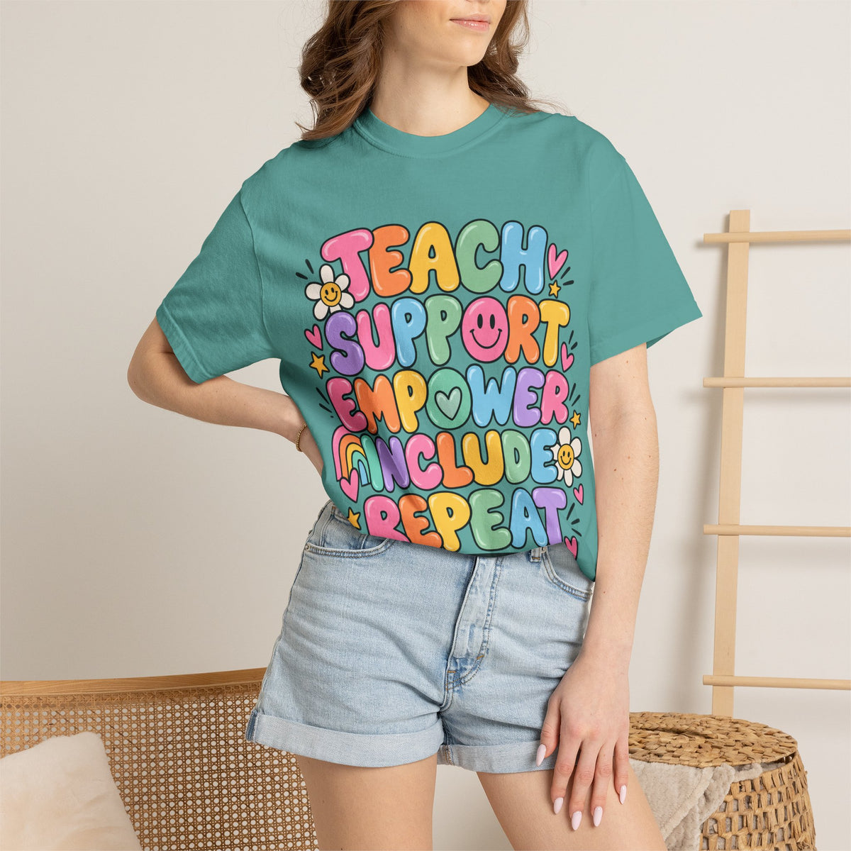 Teach Support Empower Include Repeat T-shirt | Rainbow Positivity Tee