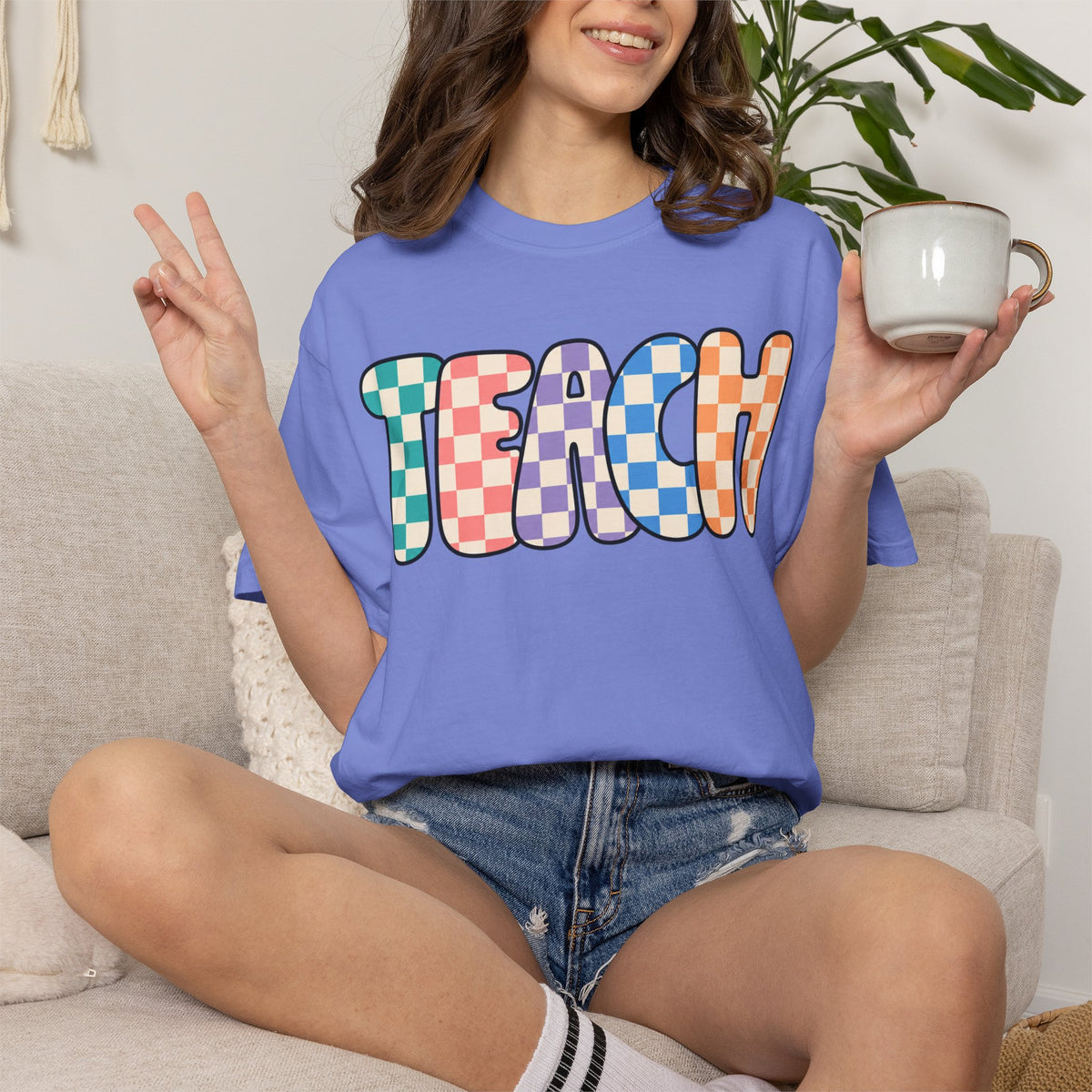 Teach Bubble Letters Checkerboard T-Shirt | Colorful Retro School Tee