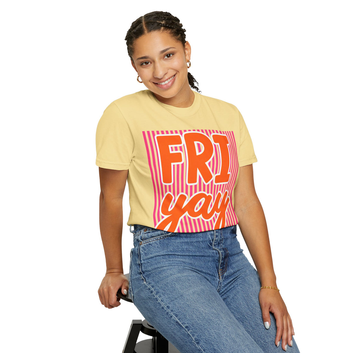 FRI yay T-shirt | Bright Retro Text, Pink Stripes
