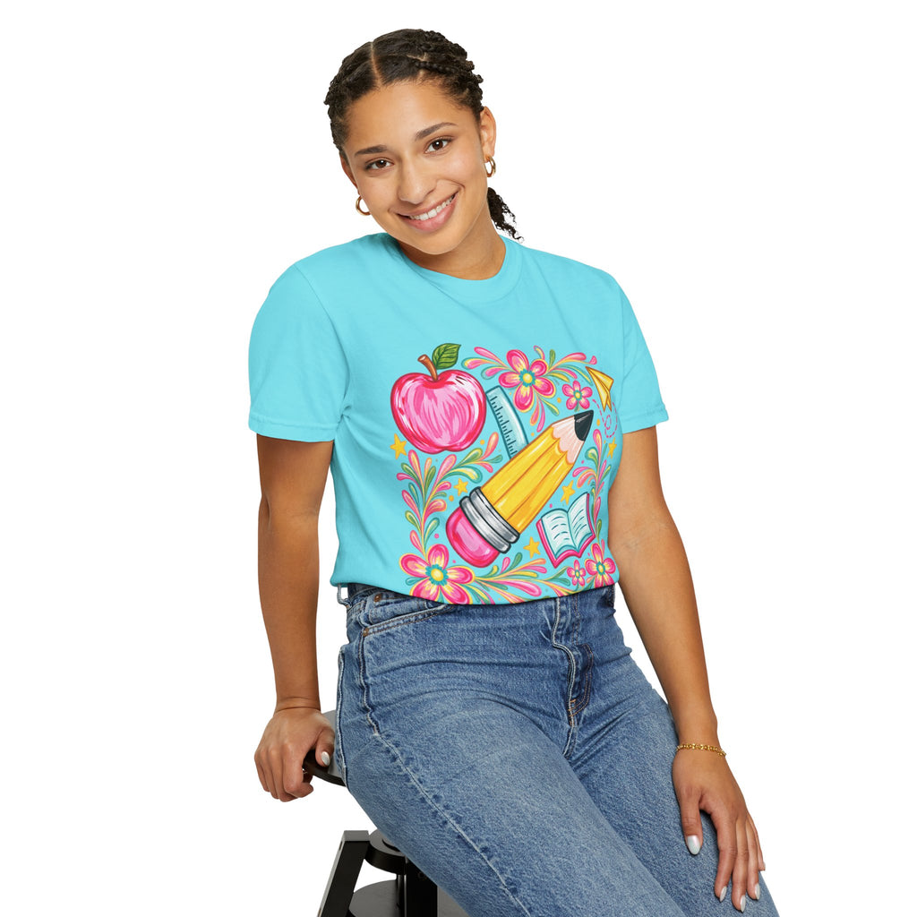 School Supplies Pencil Apple Floral T-shirt | Teacher Student Back to School