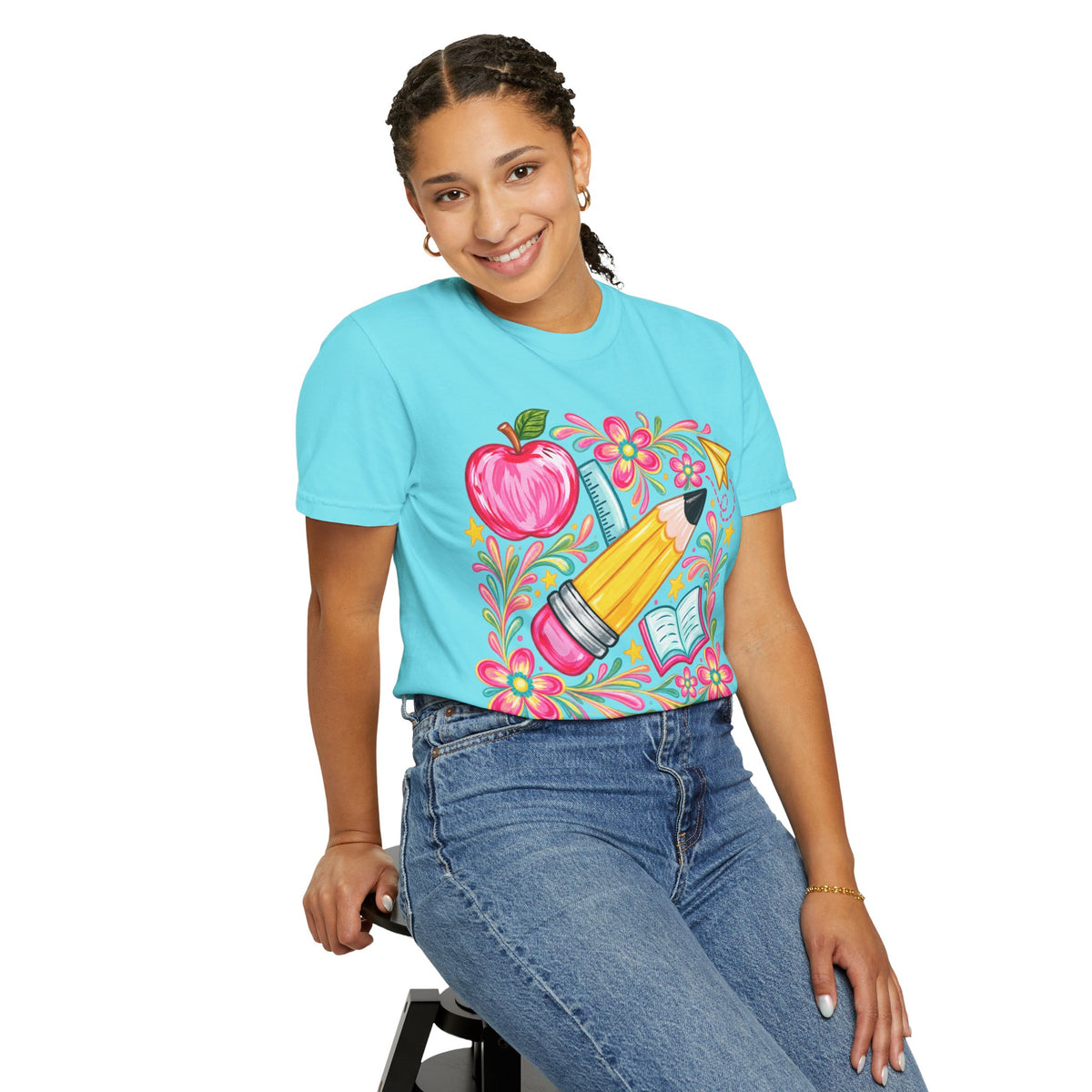 School Supplies Pencil Apple Floral T-shirt | Teacher Student Back to School