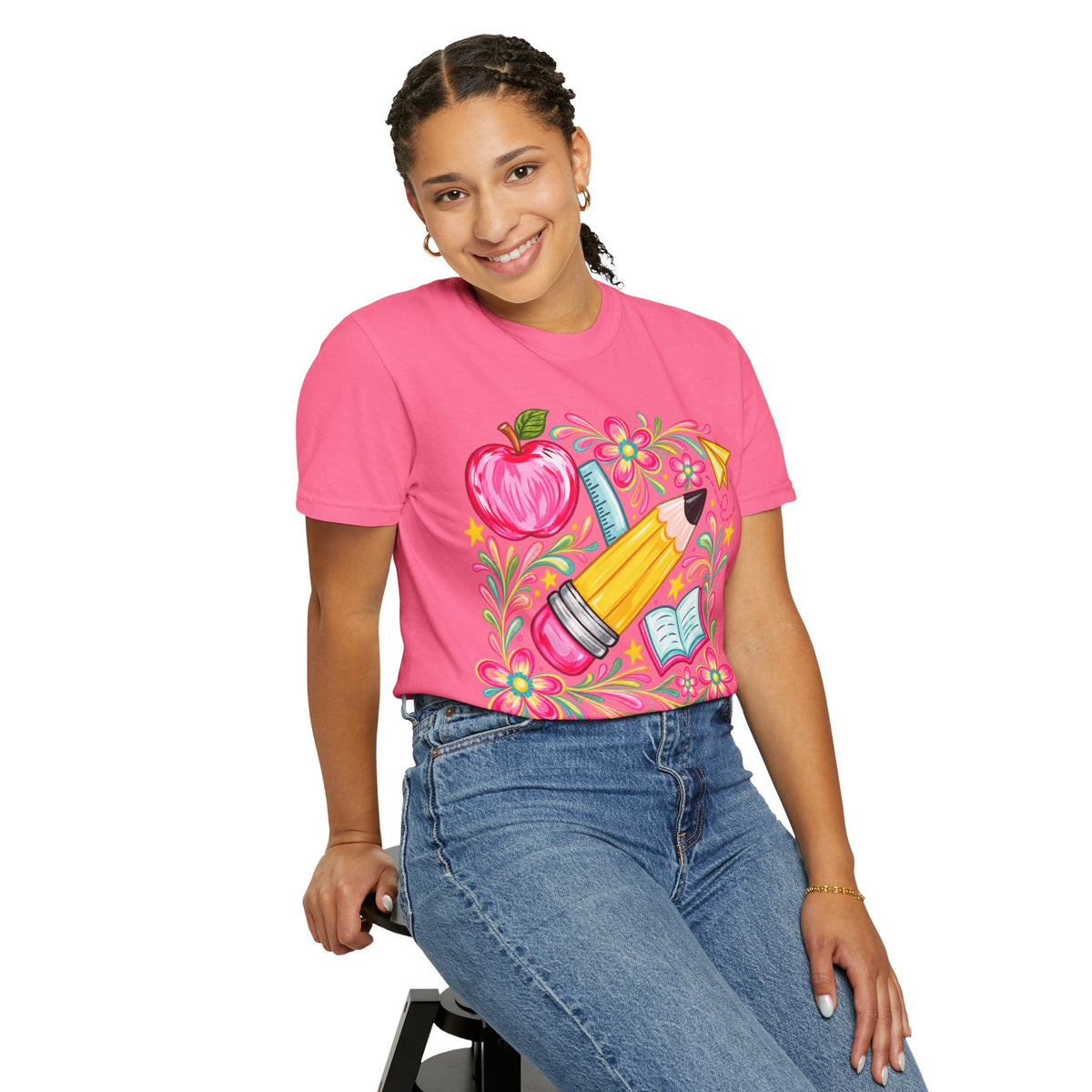School Supplies Pencil Apple Floral T-shirt | Teacher Student Back to School