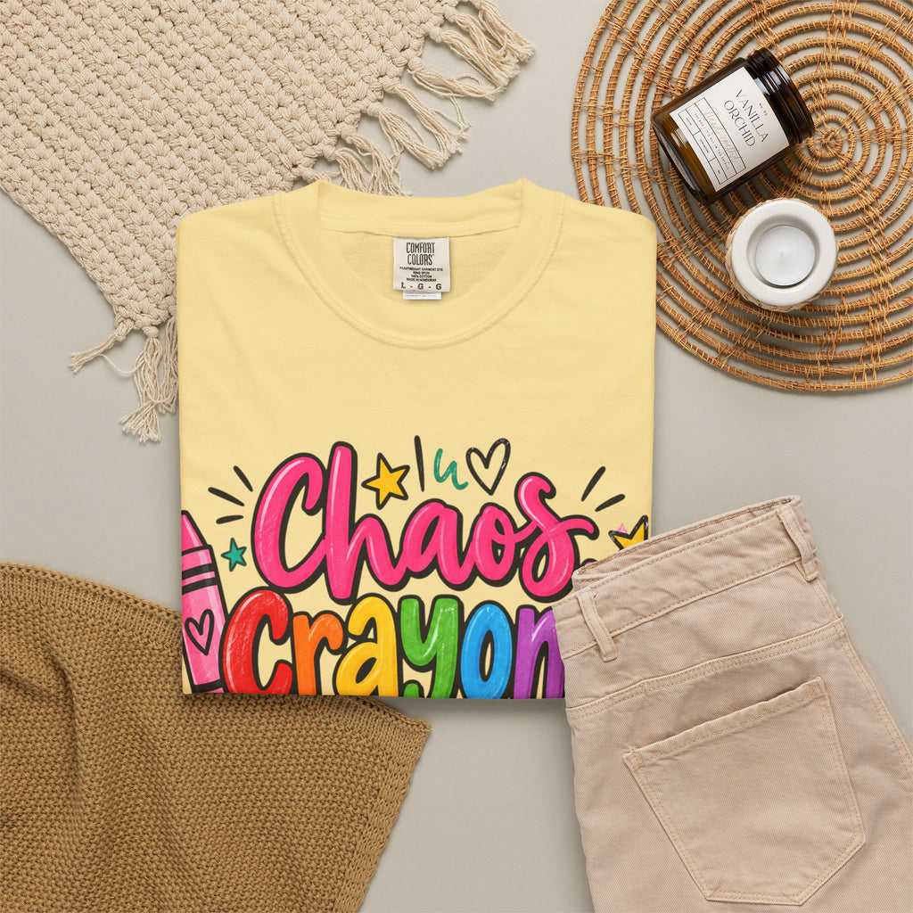Chaos Crayons & Confidence T-shirt | Colorful Crayon School Art Tee
