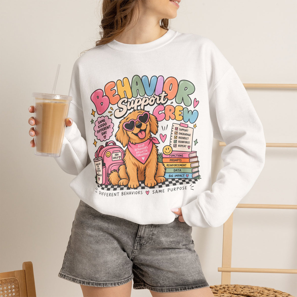 Behavior Support Crew sweatshirt | School Therapy Dog Design, Books & Classroom Icons