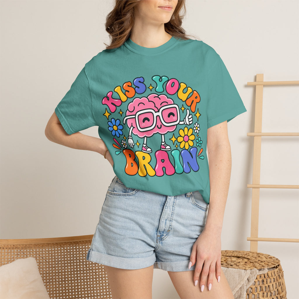 Kiss Your Brain BRI TEE | T-Shirt, Retro Cartoon Brain with Flowers