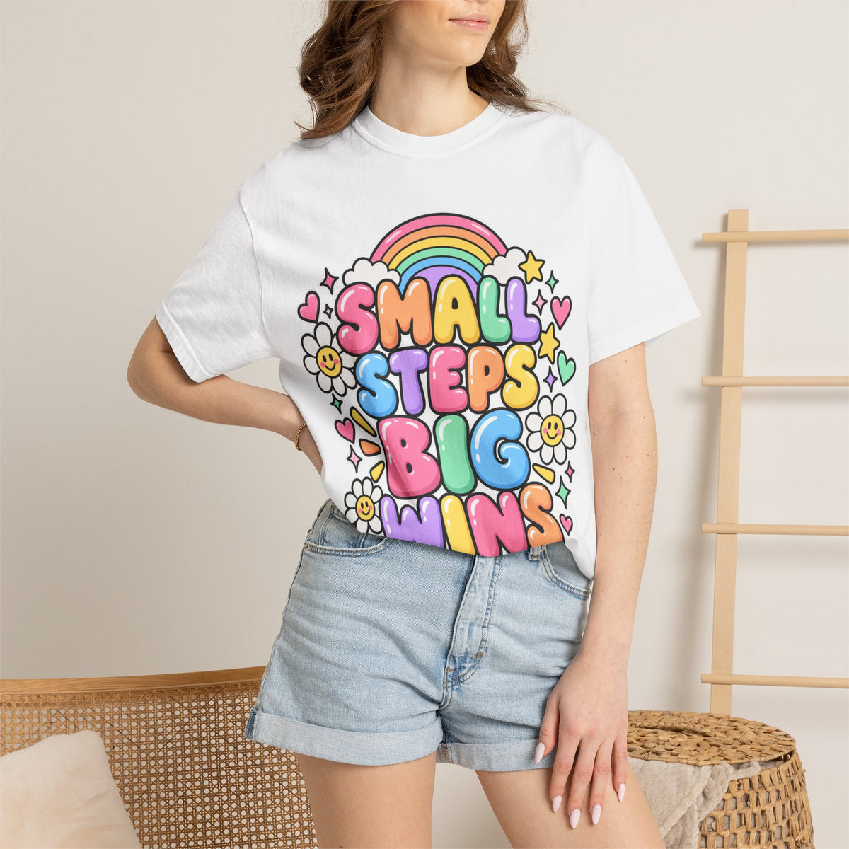 Small Steps Big Wins T-shirt | Retro Rainbow Positive Graphic