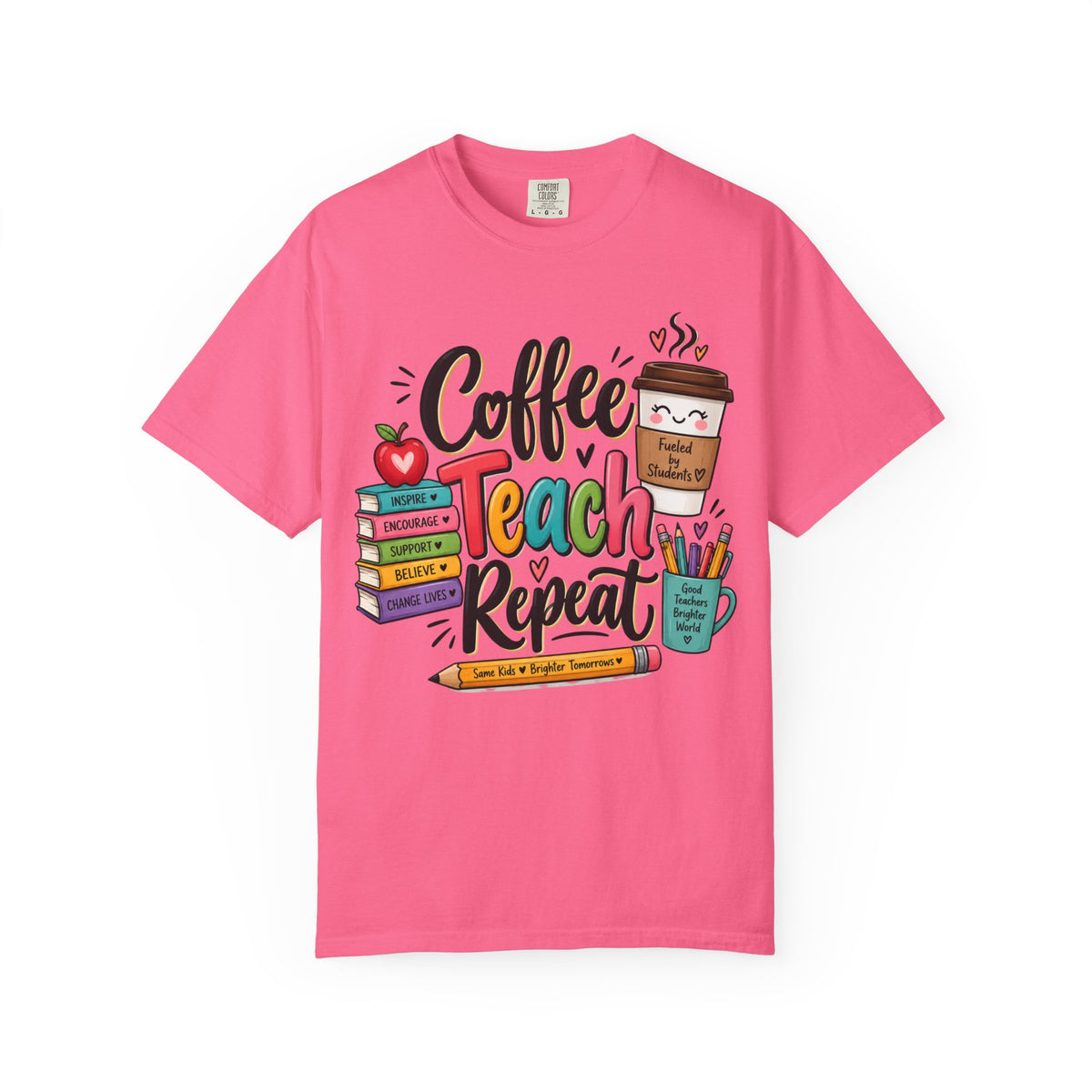 Coffee Teach Repeat T-shirt | Teacher Coffee Book Stack Pencil Mug Design