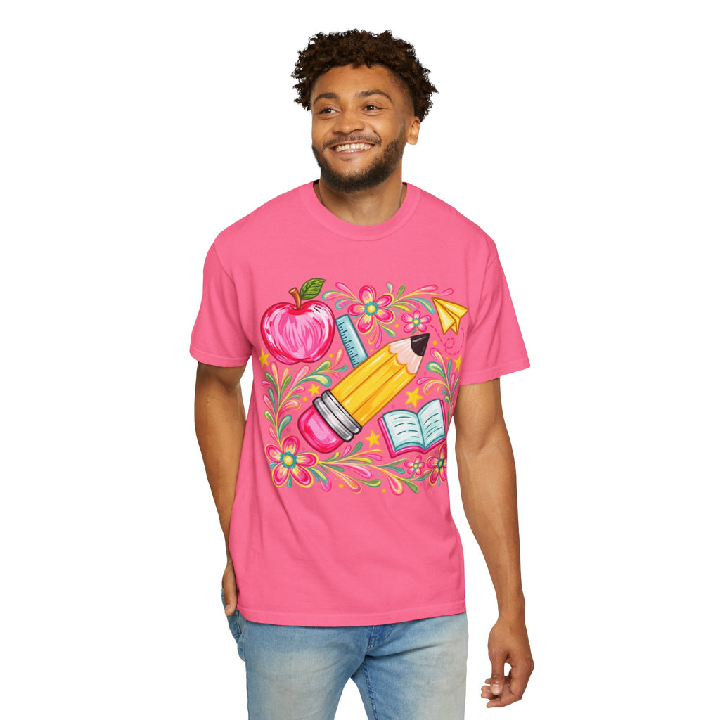 School Supplies Pencil Apple Floral T-shirt | Teacher Student Back to School