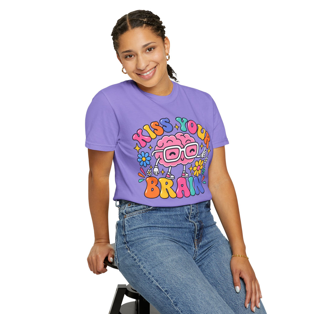 Kiss Your Brain BRI TEE | T-Shirt, Retro Cartoon Brain with Flowers